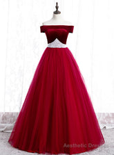 Burgundy Tulle Off the Shoulder Prom Dress With Pearls 2020